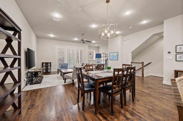 4211 Rawlins St Unit 733, Dallas, TX 75219 - dining room with recessed lighting, a ceiling fan, dark wood-style floors, baseboards, and a chandelier