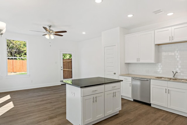 kitchen featuring ceiling fan, sink, white cabinetry, and stainless steel dishwasher