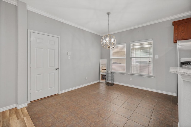 unfurnished dining area with crown molding, a fireplace, light tile patterned flooring, and an inviting chandelier