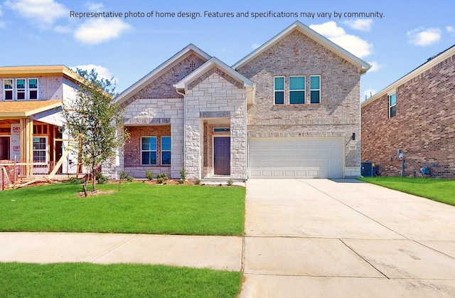 craftsman inspired home featuring a garage, a front yard, and central air condition unit