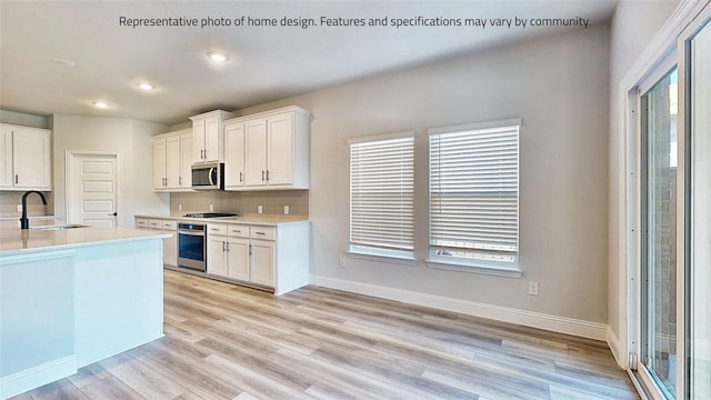 kitchen featuring white cabinets, appliances with stainless steel finishes, decorative backsplash, sink, and light hardwood / wood-style floors