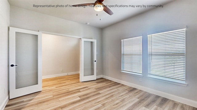 unfurnished bedroom with ceiling fan, light hardwood / wood-style floors, and french doors