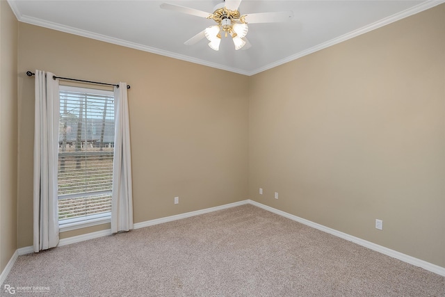 empty room with light carpet, ceiling fan, and crown molding