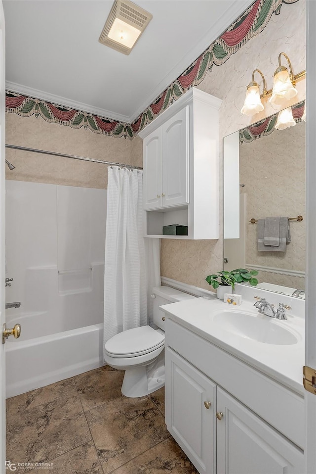 full bathroom with toilet, ornamental molding, shower / bath combo, and vanity