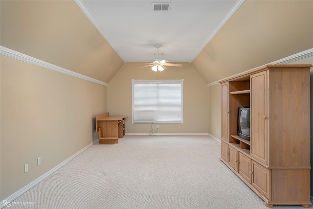 additional living space with vaulted ceiling, ceiling fan, and light colored carpet