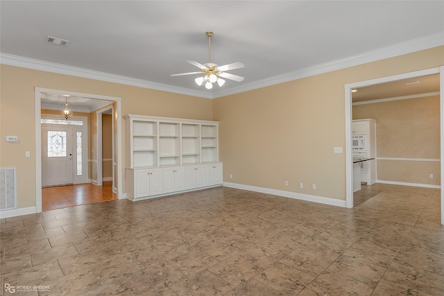 interior space featuring ceiling fan and ornamental molding