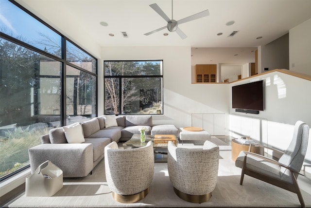 living room featuring ceiling fan