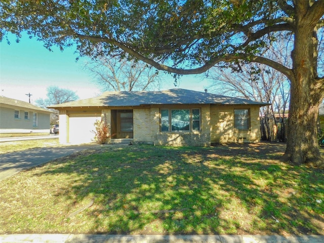 single story home with a garage and a front lawn