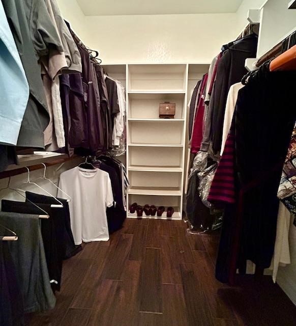 walk in closet with dark hardwood / wood-style floors