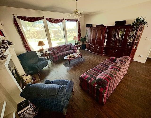 living room with dark wood-type flooring and ceiling fan