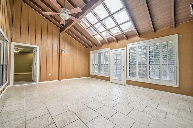 spare room featuring ceiling fan, beam ceiling, and wood walls