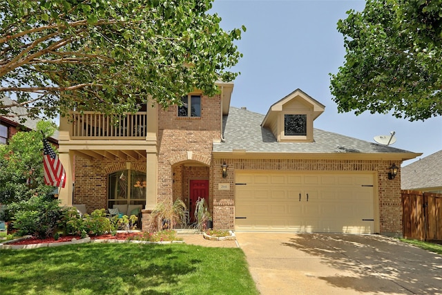 view of front of house with a front lawn, a balcony, and a garage