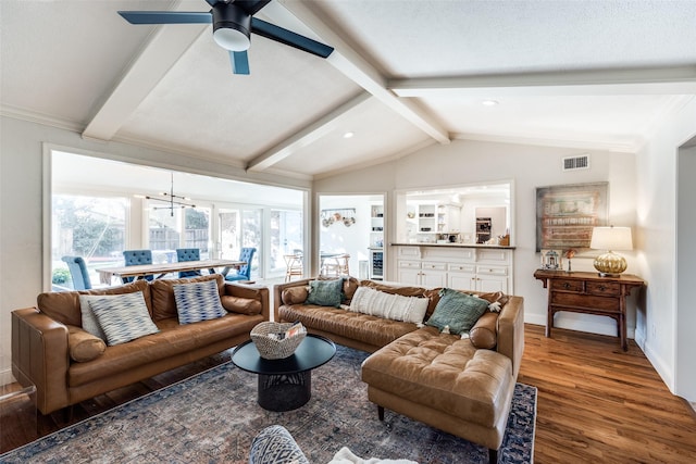 living room featuring ceiling fan, wood-type flooring, and lofted ceiling with beams