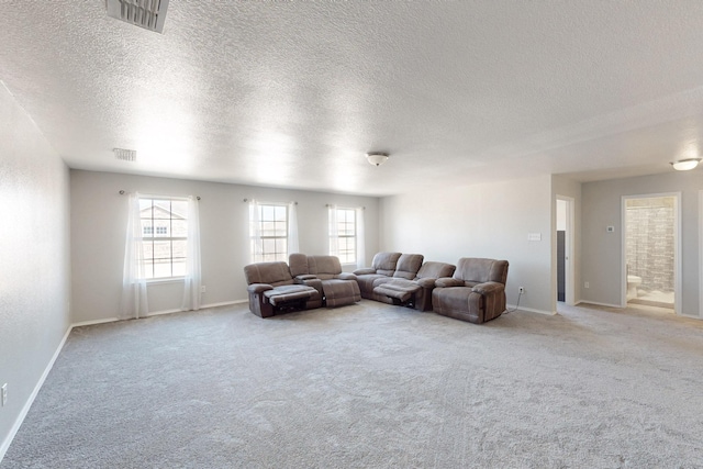 carpeted living room with a textured ceiling