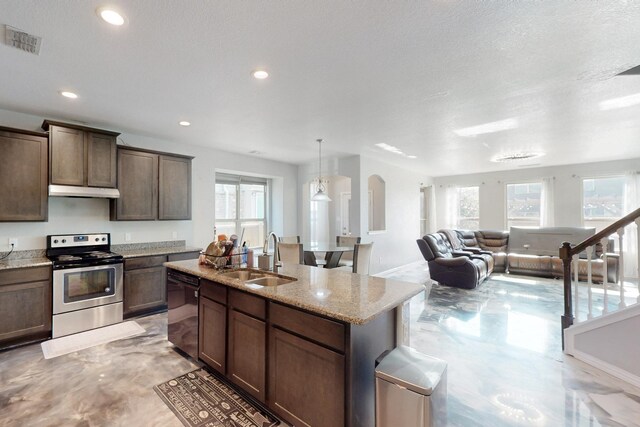 kitchen featuring sink, stainless steel electric range, dishwasher, hanging light fixtures, and light stone counters