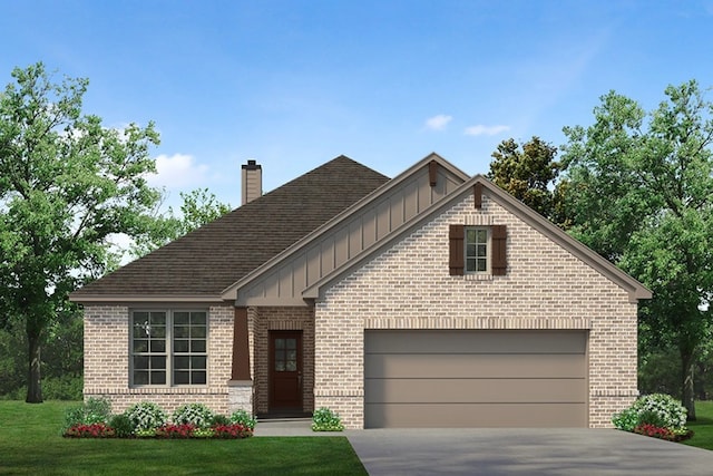 craftsman-style house featuring brick siding, a chimney, concrete driveway, board and batten siding, and a garage