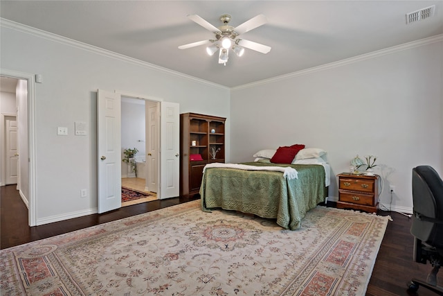 bedroom with dark hardwood / wood-style flooring, crown molding, and ceiling fan