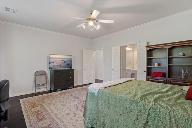 bedroom with ornamental molding, dark hardwood / wood-style floors, connected bathroom, and ceiling fan