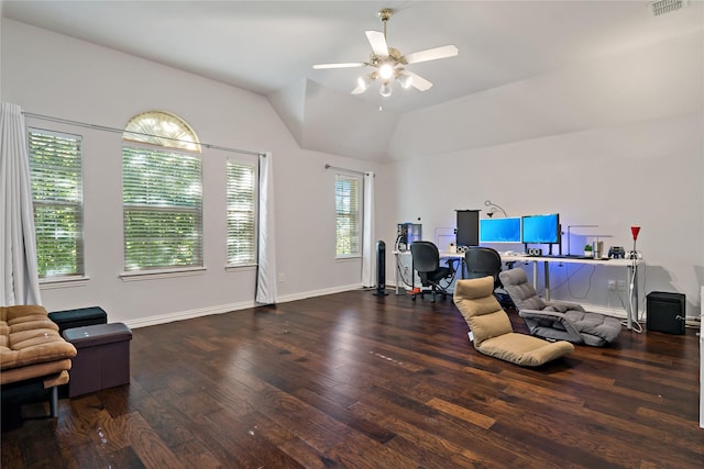 office with lofted ceiling, hardwood / wood-style floors, and ceiling fan