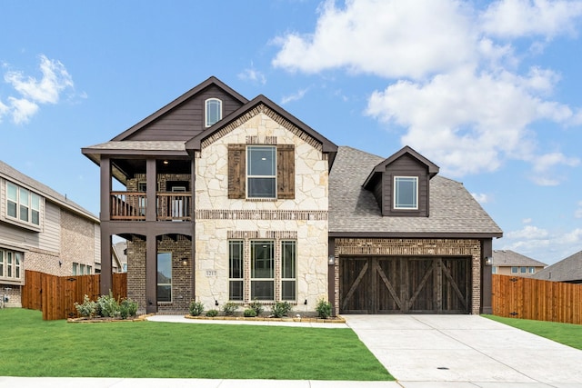1217 Sylvia St, Desoto, TX 75115 - view of front facade with a balcony, stone siding, driveway, and a shingled roof