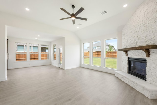 1217 Sylvia St, Desoto, TX 75115 - unfurnished living room with a ceiling fan, lofted ceiling, baseboards, a fireplace, and wood finished floors