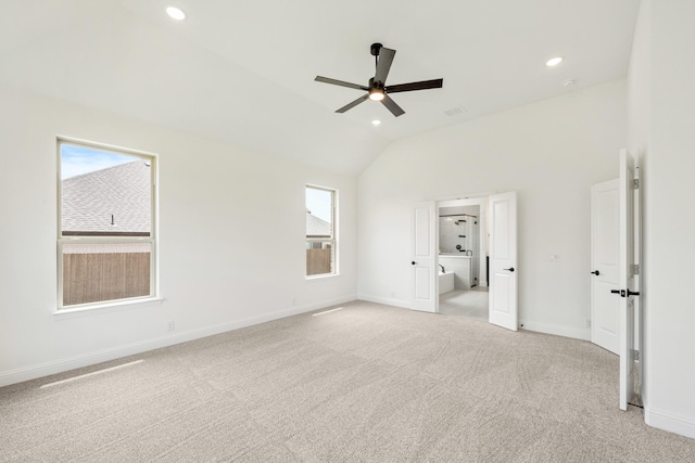1217 Sylvia St, Desoto, TX 75115 - unfurnished bedroom featuring vaulted ceiling, light colored carpet, baseboards, recessed lighting, and ceiling fan