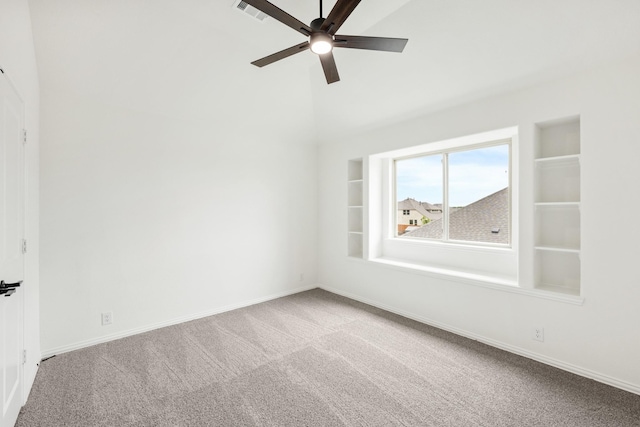 1217 Sylvia St, Desoto, TX 75115 - carpeted spare room with baseboards, ceiling fan, high vaulted ceiling, and built in features