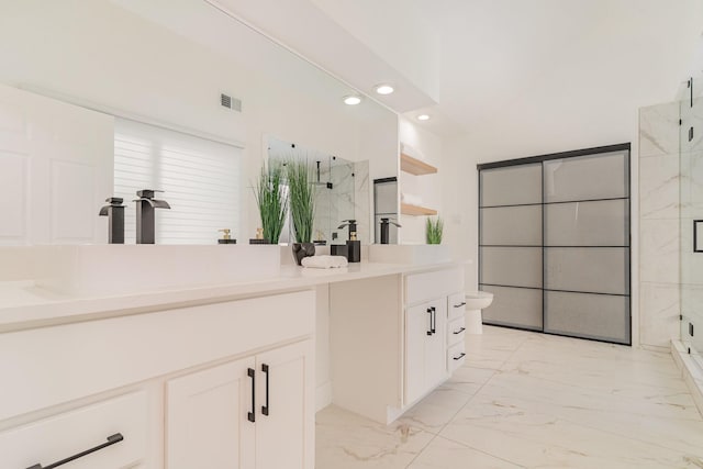 bathroom featuring vanity, toilet, and walk in shower