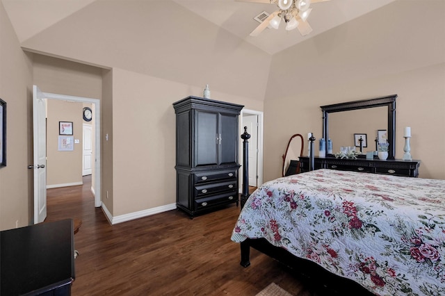 bedroom featuring ceiling fan, vaulted ceiling, and dark hardwood / wood-style flooring