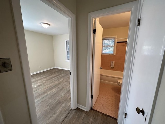 corridor with hardwood / wood-style flooring