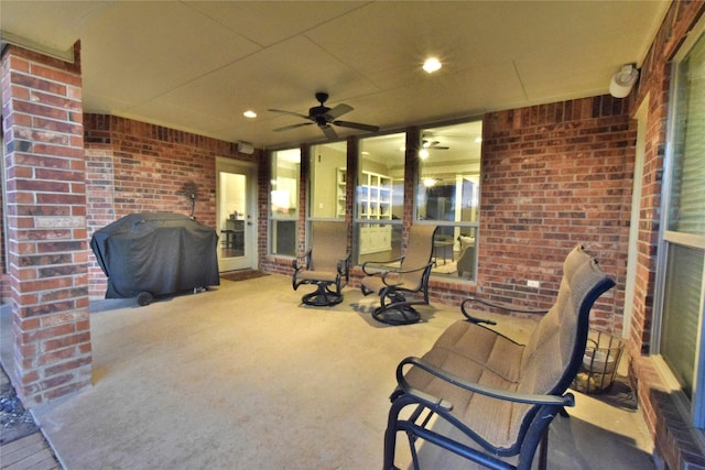 view of patio featuring ceiling fan and area for grilling