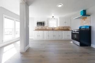 kitchen with wood-type flooring, white cabinets, and stainless steel stove