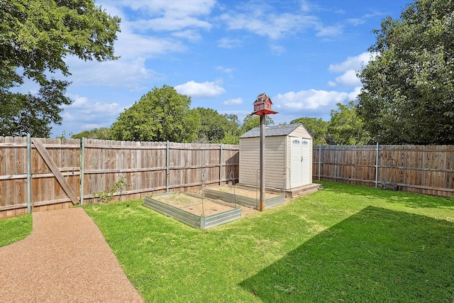 view of yard featuring a storage shed