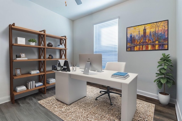 office with ceiling fan and dark wood-type flooring