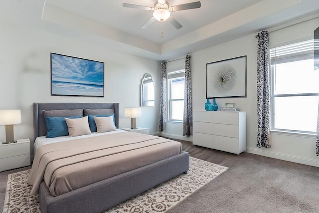 bedroom featuring ceiling fan and a raised ceiling