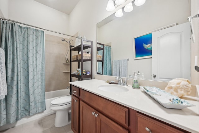 full bathroom with toilet, tile patterned flooring, vanity, and shower / tub combo with curtain