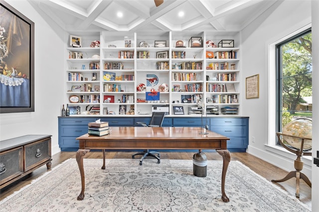 4737 Sugar Mill Rd, Dallas, TX 75244 - office featuring coffered ceiling, beamed ceiling, and baseboards