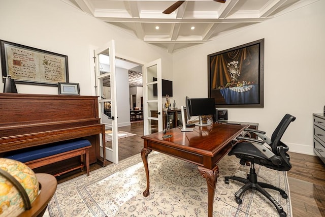 office area with hardwood / wood-style flooring, coffered ceiling, and beamed ceiling