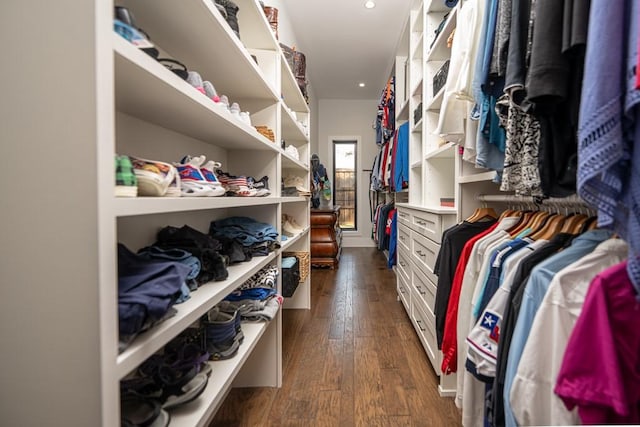 spacious closet featuring dark hardwood / wood-style flooring