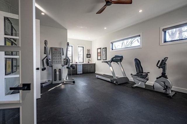 4737 Sugar Mill Rd, Dallas, TX 75244 - workout area featuring a ceiling fan, recessed lighting, and baseboards