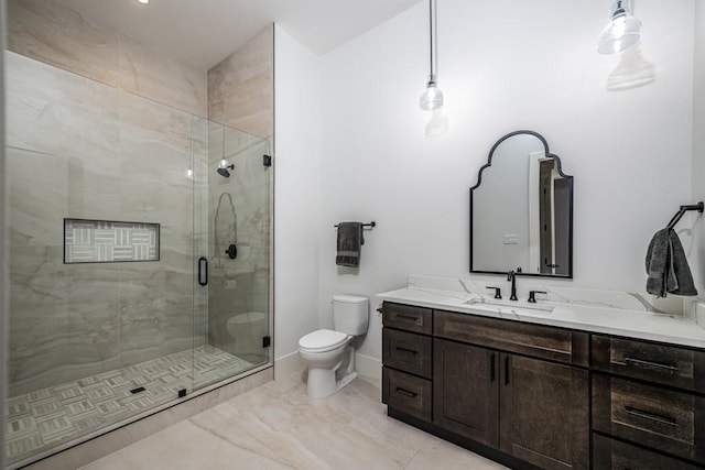 4737 Sugar Mill Rd, Dallas, TX 75244 - bathroom featuring a shower stall, vanity, toilet, marble finish floor, and baseboards
