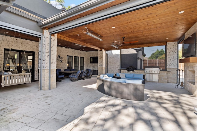 4737 Sugar Mill Rd, Dallas, TX 75244 - view of patio featuring an outdoor living space, an outdoor kitchen, a ceiling fan, and grilling area