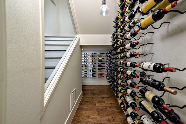 wine area with dark hardwood / wood-style flooring