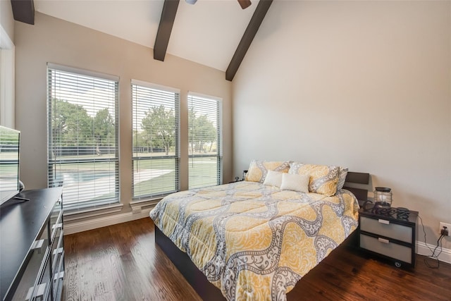 bedroom featuring lofted ceiling with beams, dark hardwood / wood-style floors, and ceiling fan