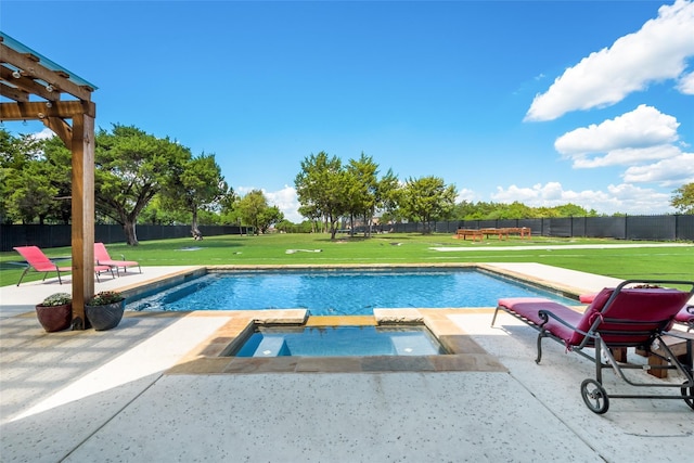 view of swimming pool with an in ground hot tub, a pergola, a patio area, and a lawn