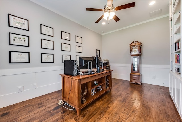 office with ceiling fan and dark hardwood / wood-style flooring