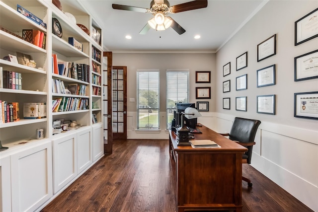 office with crown molding, dark wood-type flooring, and ceiling fan