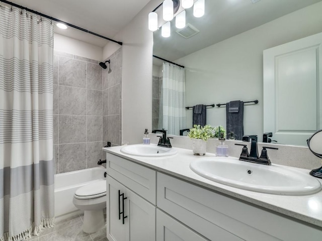 full bathroom with a sink, toilet, double vanity, and shower / bath combination with curtain