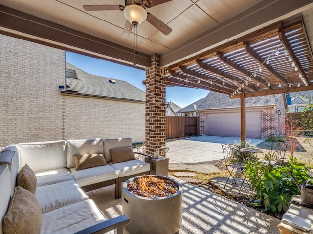 view of patio with ceiling fan, an outdoor living space, and a pergola