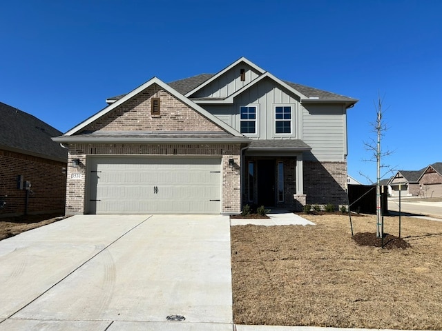 craftsman-style house with driveway, a garage, board and batten siding, and brick siding